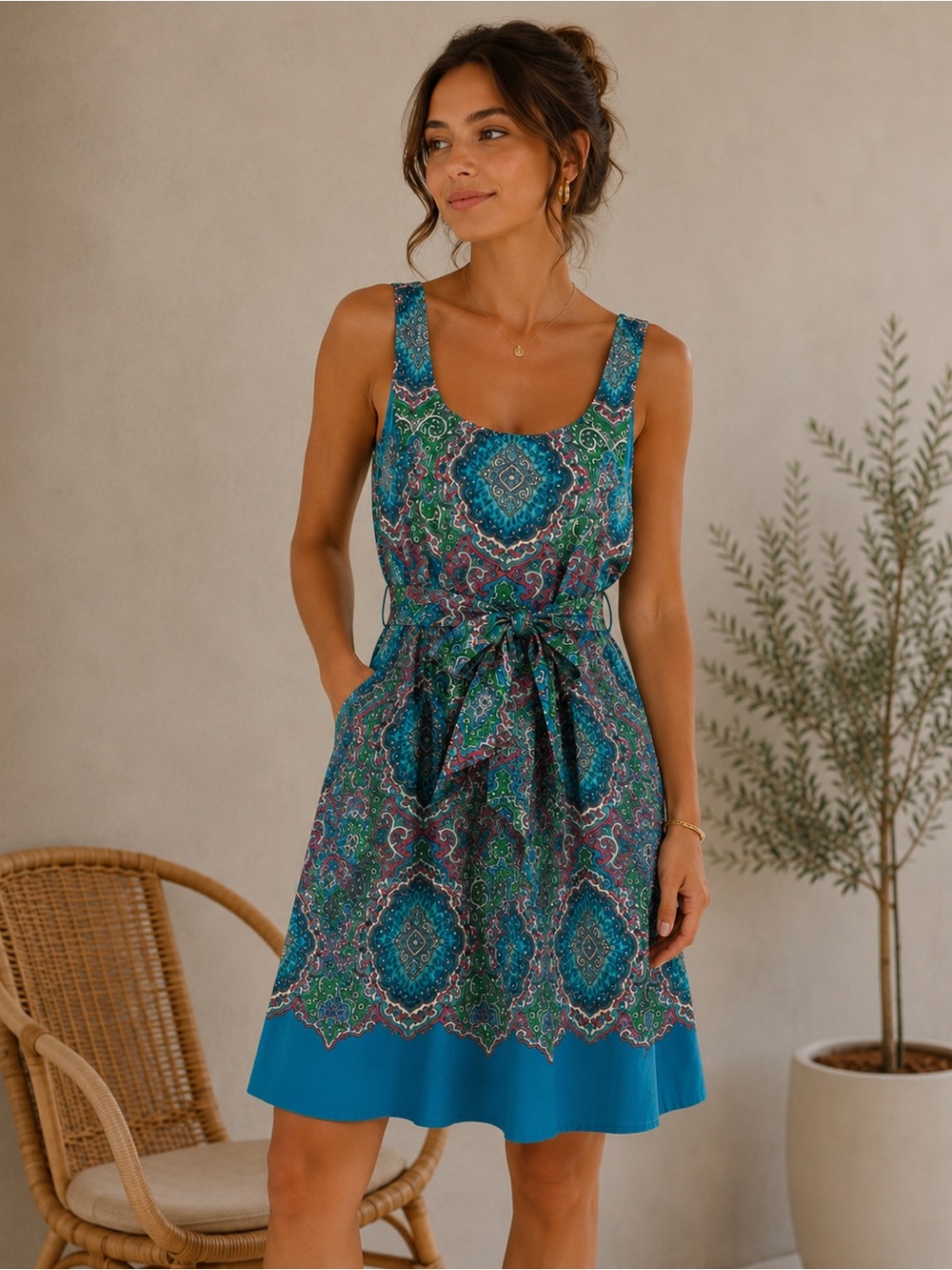 Talbots Teal Multicolor Paisley Sleeveless Midi Dress